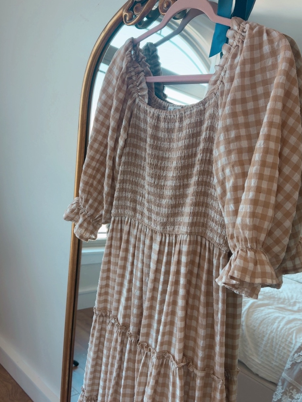 Ivy City Co Beige Gingham Smocked Peasant Dress